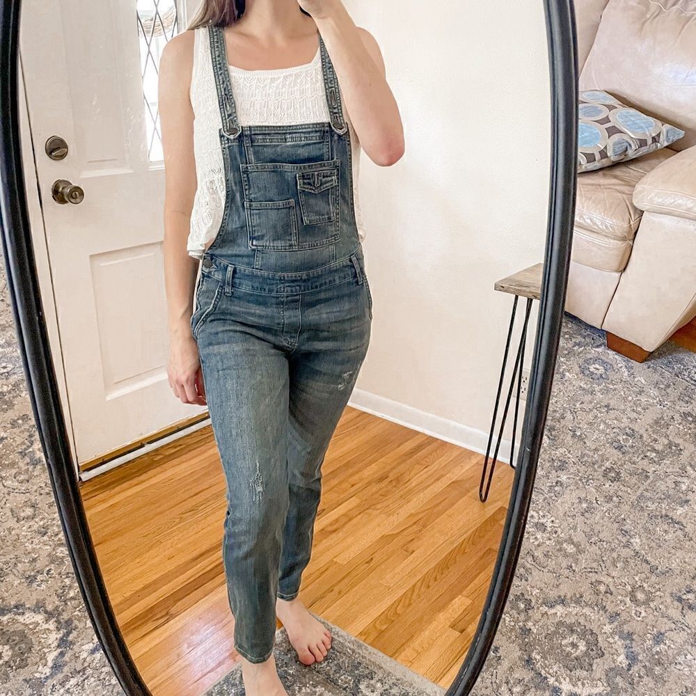 Free People Washed Denim Skinny Overalls Blue 26
